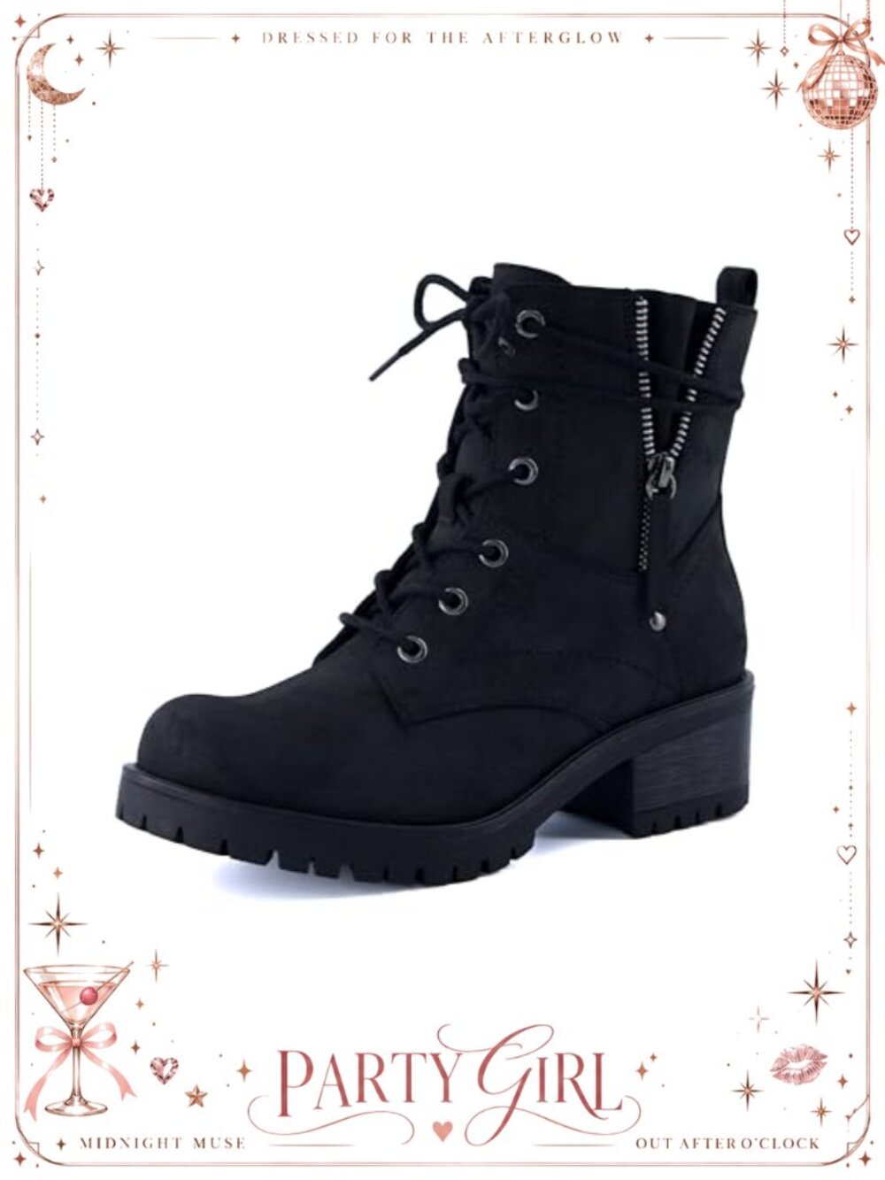 Vegan Leather Combat Ankle Boots Lace-Up Side Zip Block Heel